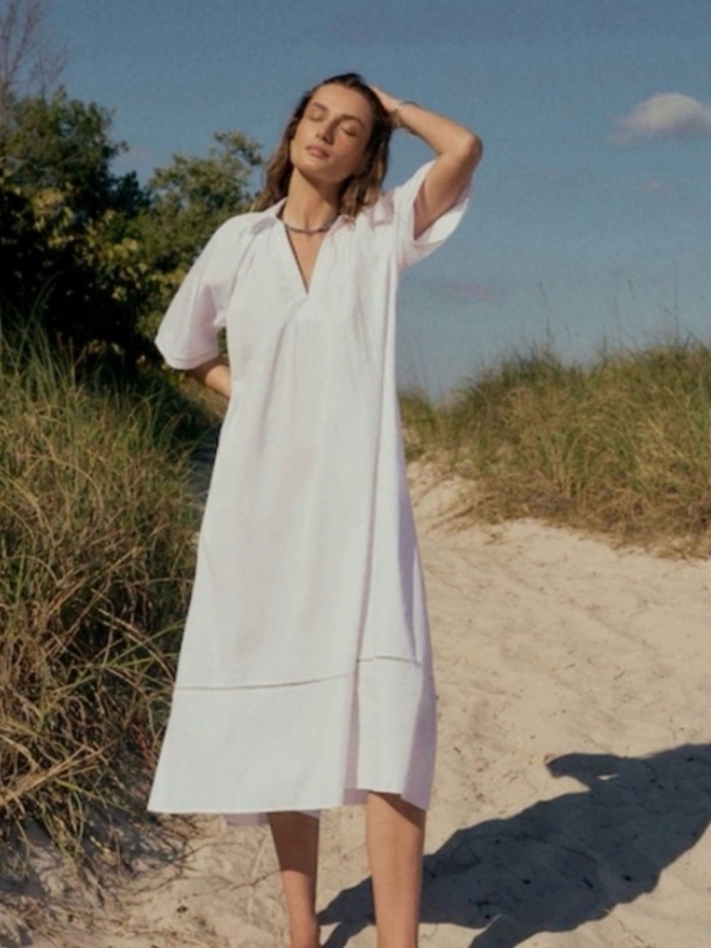 Madewell White Cotton poplin splitneck Midi XXS Minimalist oversized Shirt Dress